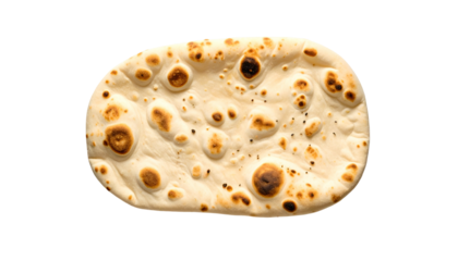 A fluffy, oval-shaped flatbread with toasted spots and a slightly textured surface