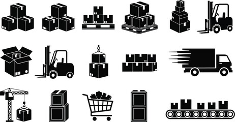 Logistics and shipping icons set warehouse symbols on transparent background silhouette © MALA