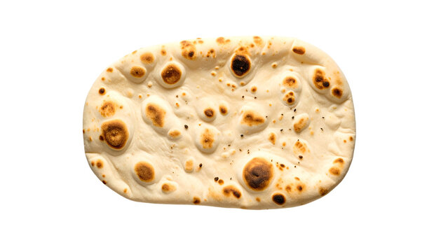A fluffy, oval-shaped flatbread with toasted spots and a slightly textured surface