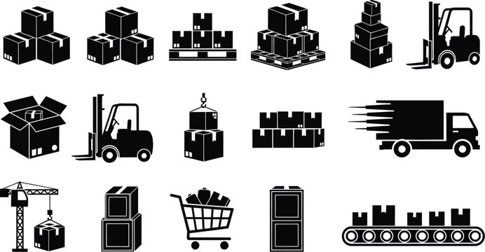 Logistics and shipping icons set warehouse symbols on transparent background silhouette