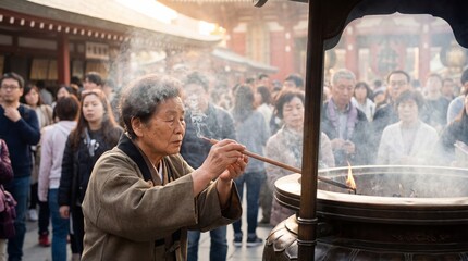 Obraz premium An elderly woman delicately tending to a traditional incense ceremony amidst a crowd of onlookers, capturing the serenity of the moment.