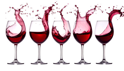 Five glasses of red liquid erupting in dynamic splash shapes against a black background