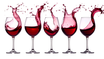 Five glasses of red liquid erupting in dynamic splash shapes against a black background