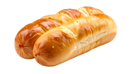 Two cooked sausage sandwiches in shiny, glazed buns, isolated on a black background