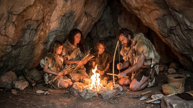 A prehistoric family huddled around a crackling fire inside a dimly lit cave. The scene evokes a sense of primitive survival, shared warmth, and the simple bonds of family life.