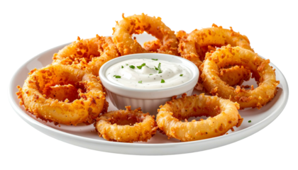Golden-brown, crispy onion rings on a white plate with a side of creamy dip