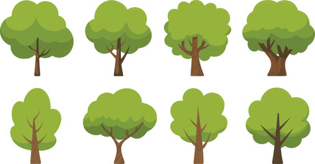 Eight stylized green deciduous trees showcase full summer foliage with rounded canopies and brown trunks presented on a white canvas.