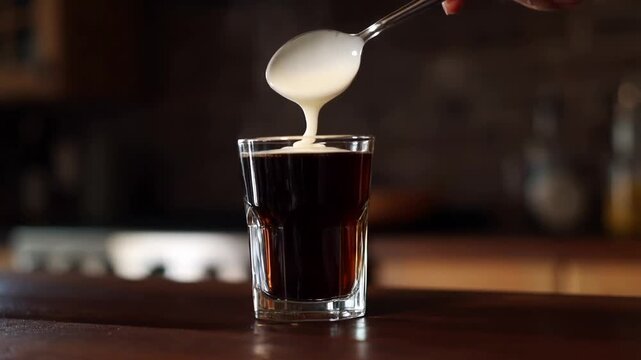 Pouring fresh cream over steaming Irish coffee with whiskey in cozy bar setting