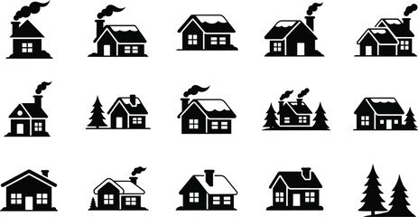 Collection of charming black house icons with smoke ideal for design on transparent background silhouette © MALA