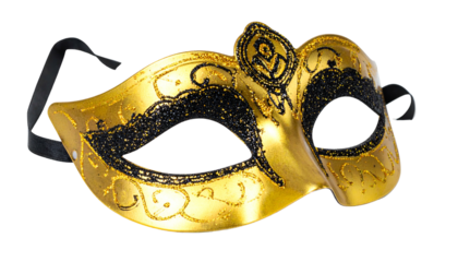 A golden eye mask with black detailing and ribbon ties, against a black background