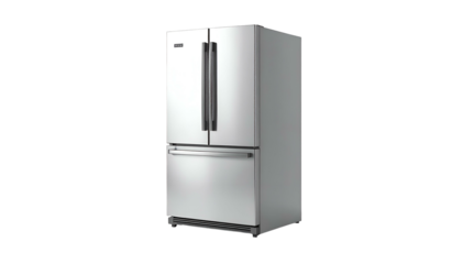 Modern stainless steel French-door refrigerator on black background, showcasing details