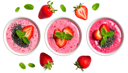 Overhead shot of three pink smoothies in bowls, decorated with strawberries and mint
