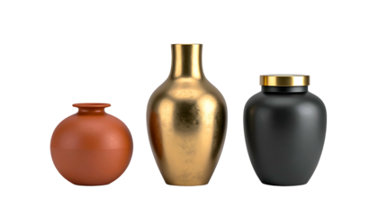 Three vases in different shapes, sizes, and colors against a stark black backdrop