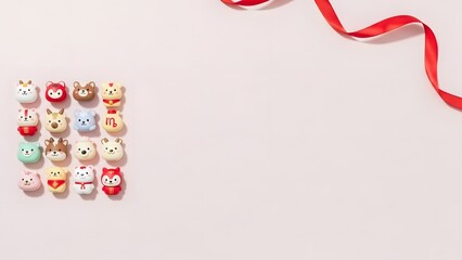 Grid of small chinese zodiac animal head figurines against a pale pink background with a red ribbon curving across the corner
