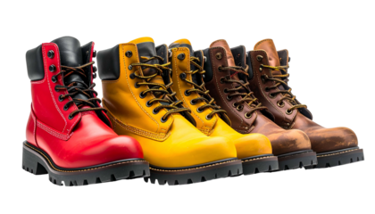 Colorful work boots in a row, showcasing different shades and textures