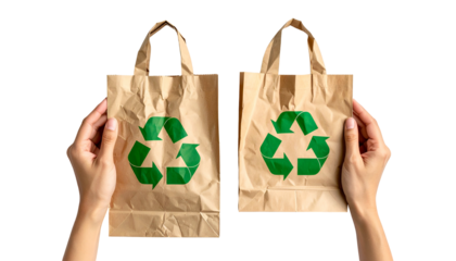 Two hands holding brown paper bags, each with a green recycling symbol