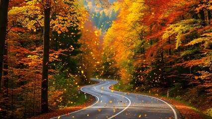 Winding asphalt road curving through vibrant autumn forest landscape covered with stunning orange and yellow foliage and falling leaves