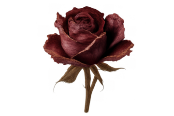 Withered red rose representing fading love, decay, loss, and the beauty of time passing, isolated on transparent background