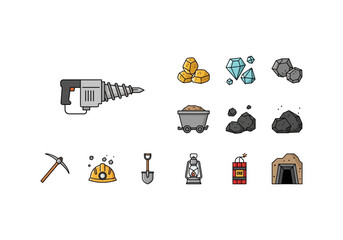 Vector Mining Icons Set - Drill, Gold, Diamonds, Coal, Cart, Pickaxe, Helmet, Shovel.