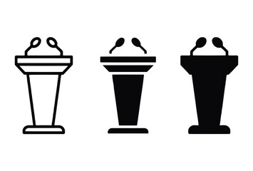 Three podiums with microphones in a row, symbolizing public speaking or debate, depicted in various illustration styles