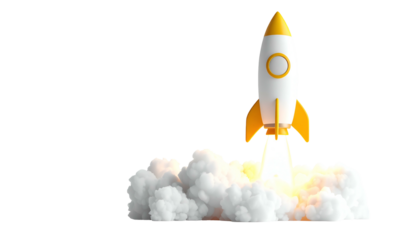 A white rocket with yellow accents launches from a cloud of smoke against a black background