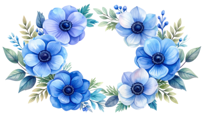 Watercolor floral wreath of blue anemone flowers with green and blue foliage, black background