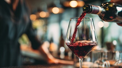 A close-up shot of red wine being poured into a tall glass at a bar