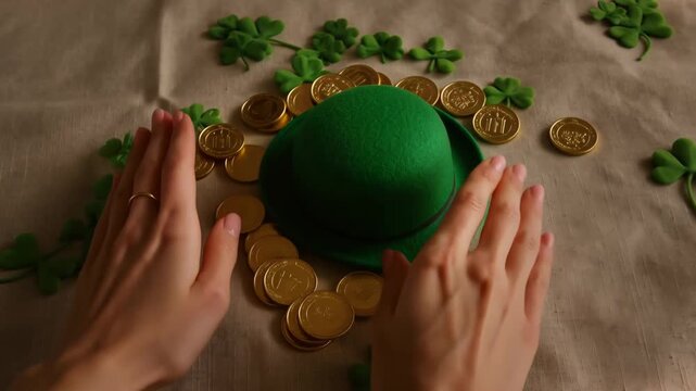 St. Patrick's Day flat lay with gold coins and green bowler hat arranged by hands on textured linen