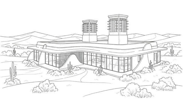 High-Quality Black Line Art of Desert Eco-Home with Wind Towers for Natural Ventilation
