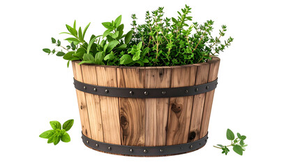 Wooden barrel planter overflowing with fresh green herbs against a black background