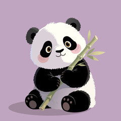 Adorable cartoon panda with 3d effect holding bamboo, sitting on purple background. Perfect for kids designs, greeting cards, and animal-themed projects. © Habrolabr