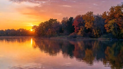 Vibrant autumn sunrise over a tranquil lake, reflecting warm orange and red foliage under a