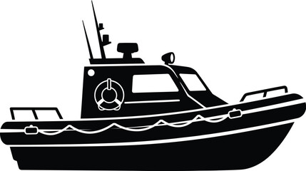 Black silhouette of a harbor patrol boat on transparent background