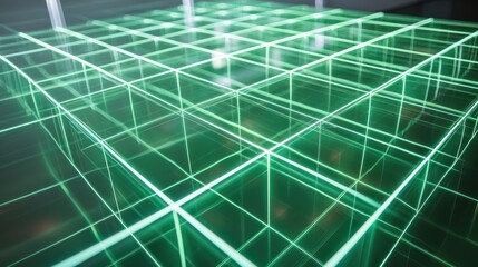 Obraz premium Optical interference grid luminous green laser beams intersecting through transparent glass creating geometric cubic structures with precise angular patterns depth perspective