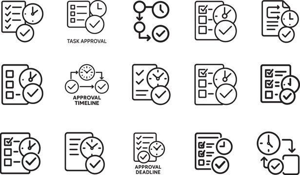   Task approval workflow outline icon set with clock and checkmark for time management, review and productivity.