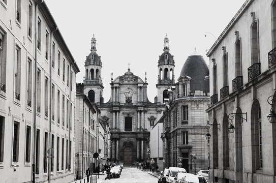 The way to the Cathedral of Our Lady of the Annunciation and St. Sigisbert  (French: Cath&eacute;drale Notre-Dame-de-l&rsquo;Annonciation et Saint-Sigisbert). Nancy, Lorraine, France