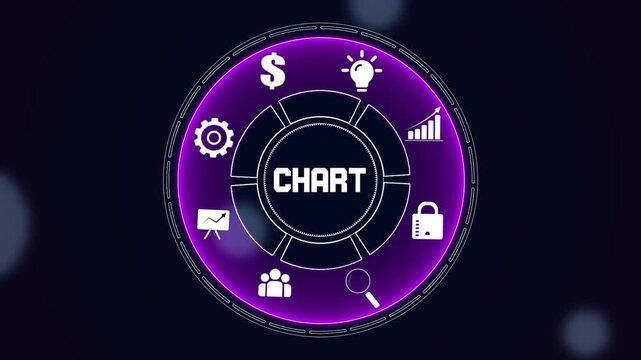 Business data visualization and statistical analysis concept for corporate growth, digital interface with financial chart and progress icons on hud