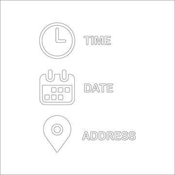 Set of outline icons for event details representing time date and address location for invitation or business contact information isolated on white