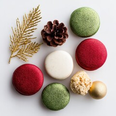 Colorful Holiday Sweets on Clean Flat Lay with Red, Green, and Gold