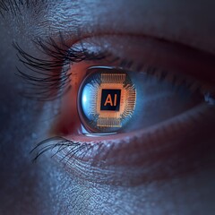 An extreme close up of a human eye with a digital contact lens featuring an integrated ai microchip glowing in the iris