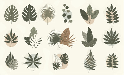 Print  Boho Aesthetic Tropical Leaves Collection in Earthy Tones and Muted Colors