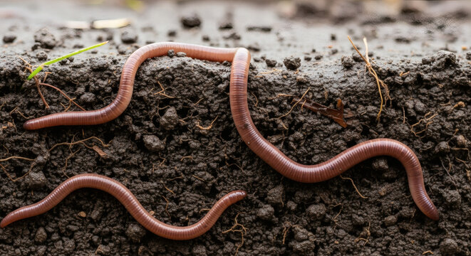 Close-up of earthworms on dark soil. Worms are segmented and reddish-brown, viewed from a low angle, with soil textures visible
