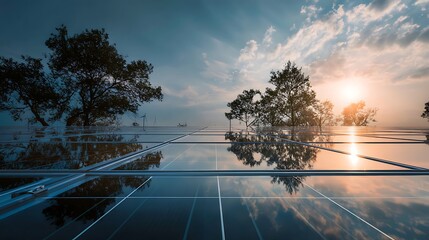 Solar panels reflect the sky and trees at sunset, showcasing clean energy potential