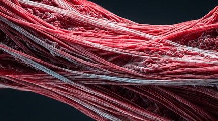 Close-up macro view of vibrant red and white strands, resembling muscle fibers or tissue