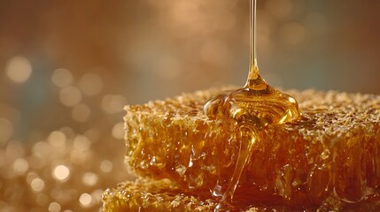 Close-up of golden honey pouring over a honeycomb with a blurred, warm-toned background