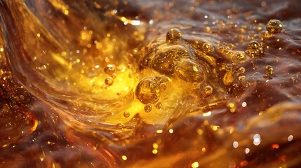 Close-up view of swirling amber liquid with bubbles, reflecting light