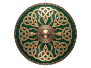Green and gold Celtic shield with interlocking knot isolated on a transparent background