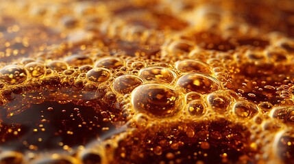 Macro shot of effervescent liquid with golden bubbles and rich, dark hue, filling the frame