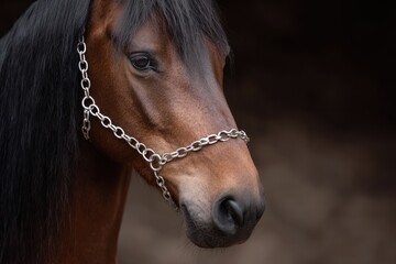 Bridled Horse With Chain Halter and Dark Background Close-Up