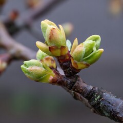 Close-up of budding green leaves on tree branches, spring growth